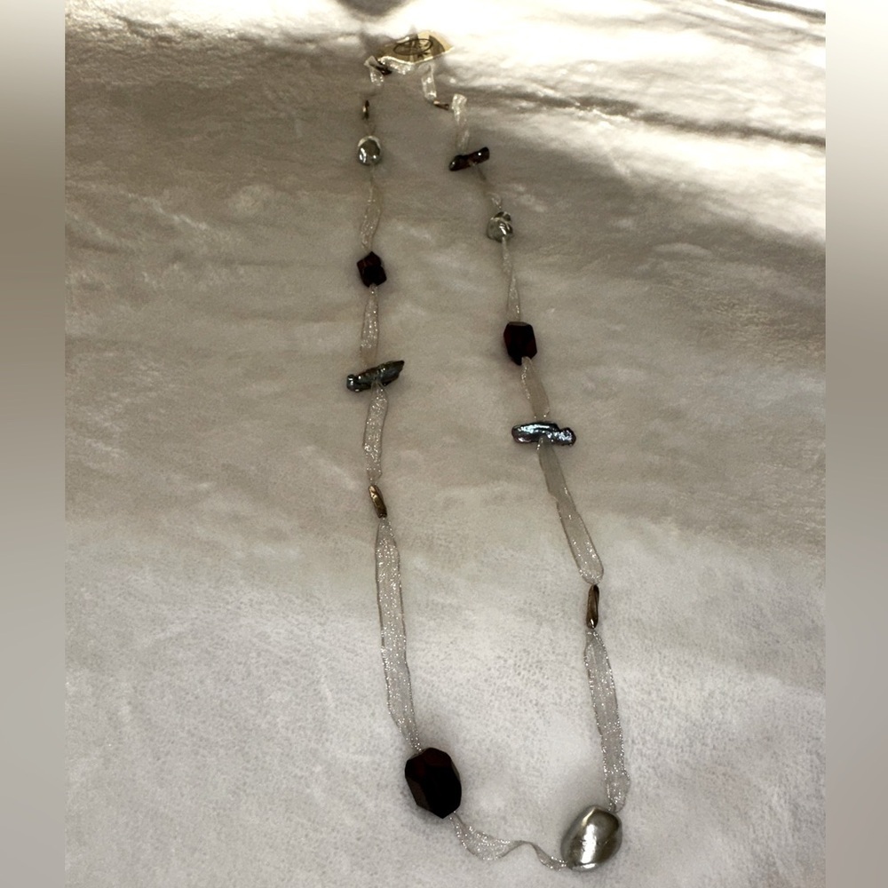 Sheer Ribbon necklace with murano glass beads and freshwater pearls
